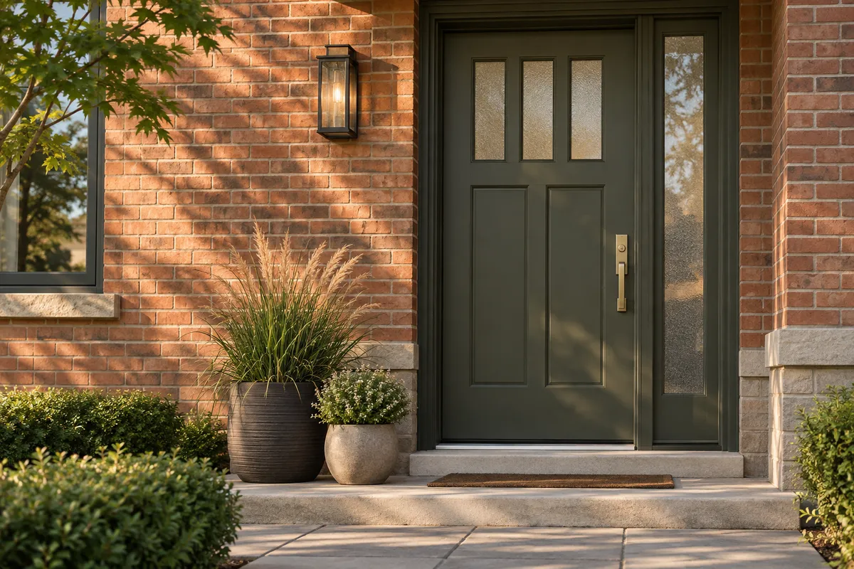 Illustrative olive entry door with textured glass, brass hardware and red brick